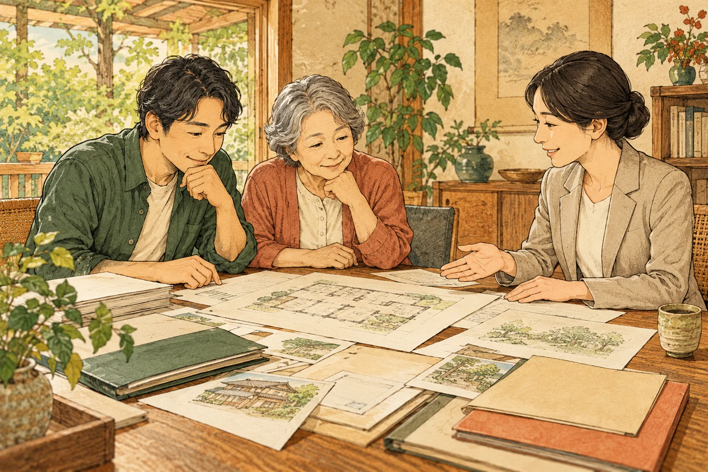家の資料を机に並べ相談員と話す家族。実際の現場ではなく、記事の内容を表したイメージ。