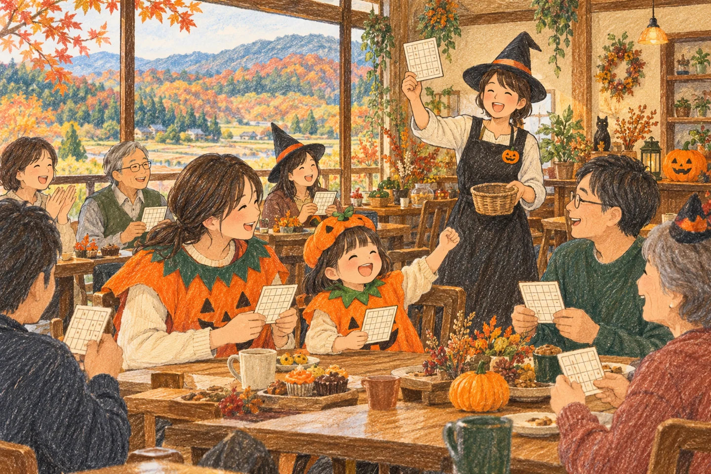 山あいのカフェで仮装した親子がビンゴを楽しむ場面。実際の現場ではなく、記事の内容を表したイメージ。