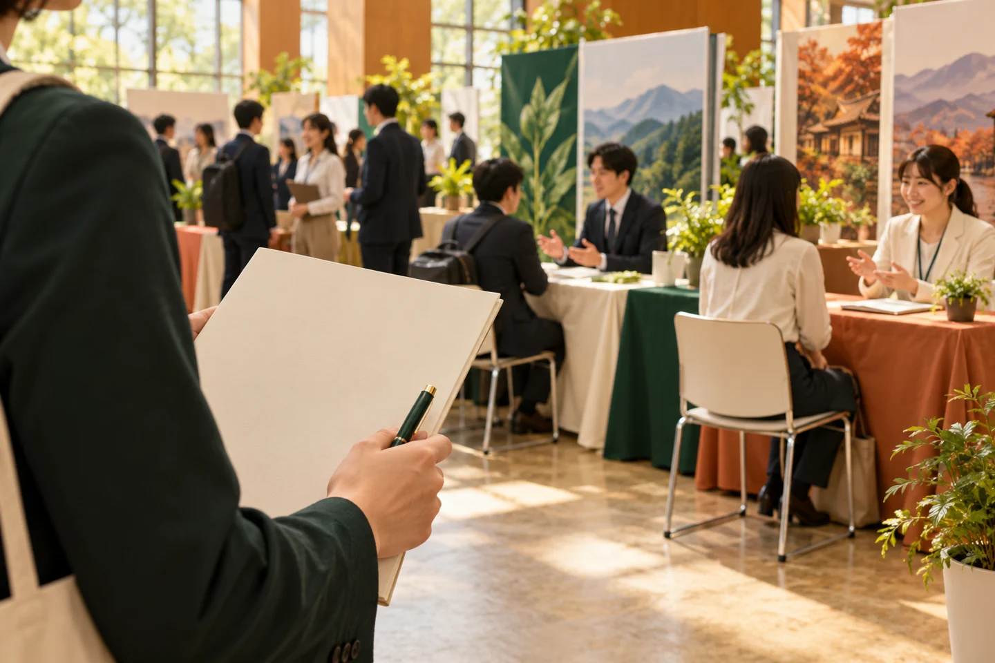 企業ブースを背景に応募書類のフォルダーとペンを持つ手元。実際の現場ではなく、記事の内容を表したイメージ。