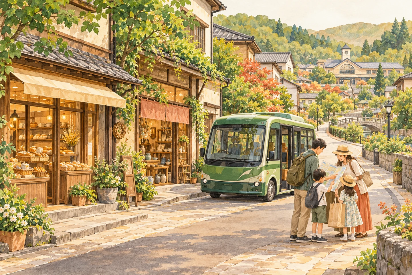 観光客が小さな乗り物から降り地元の店へ歩く街路。実際の現場ではなく、記事の内容を表したイメージ。