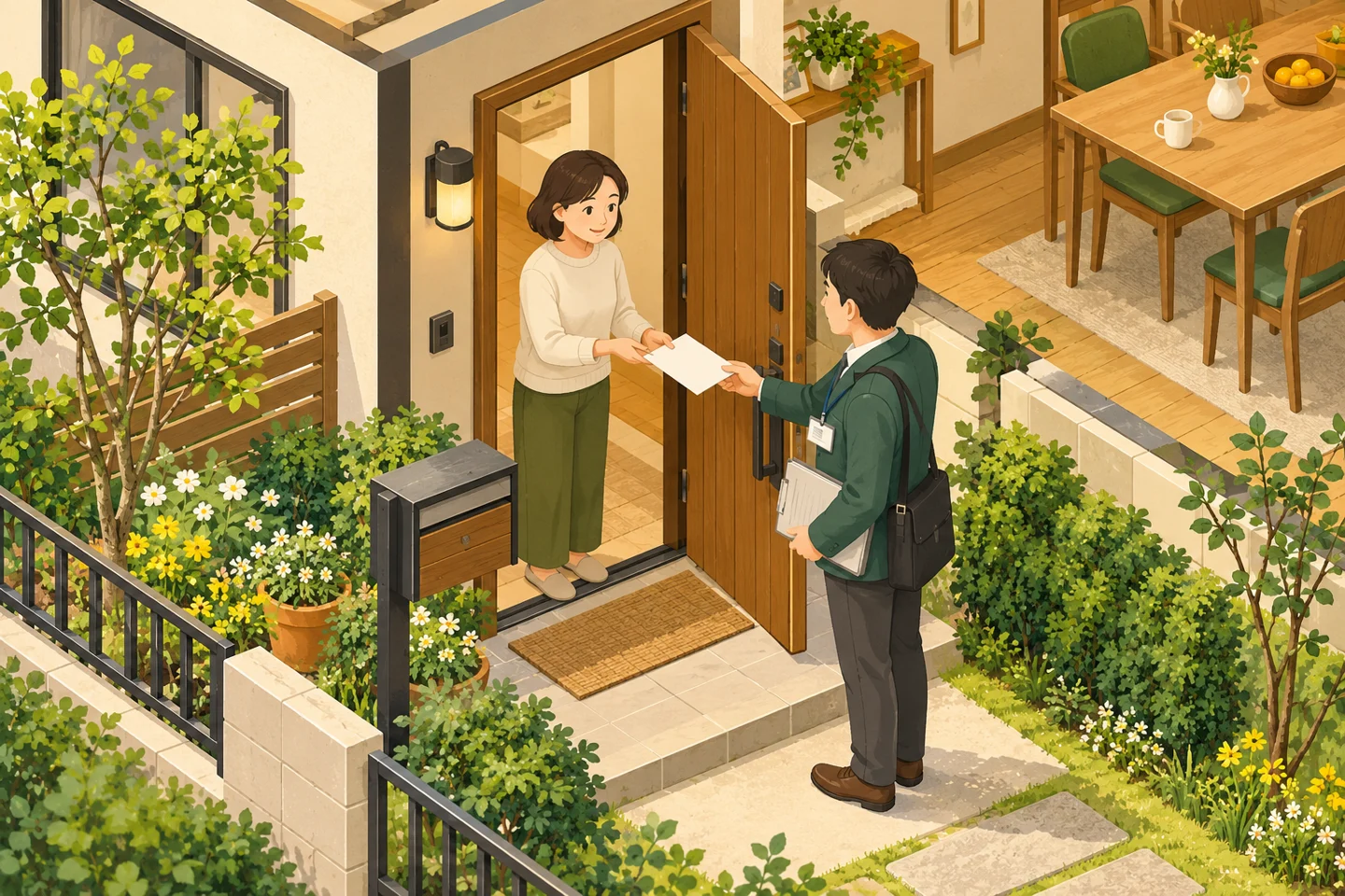 玄関で調査員から案内を受け取る住民と郵便受け。記事内容を表したイメージで、実際の現場ではありません。