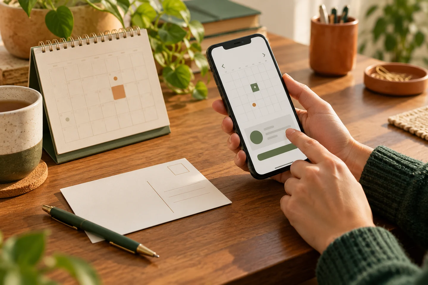 スマートフォンと交付通知書を置き予約の予定を確かめる手元。記事内容を表したイメージで、実際の現場ではありません。
