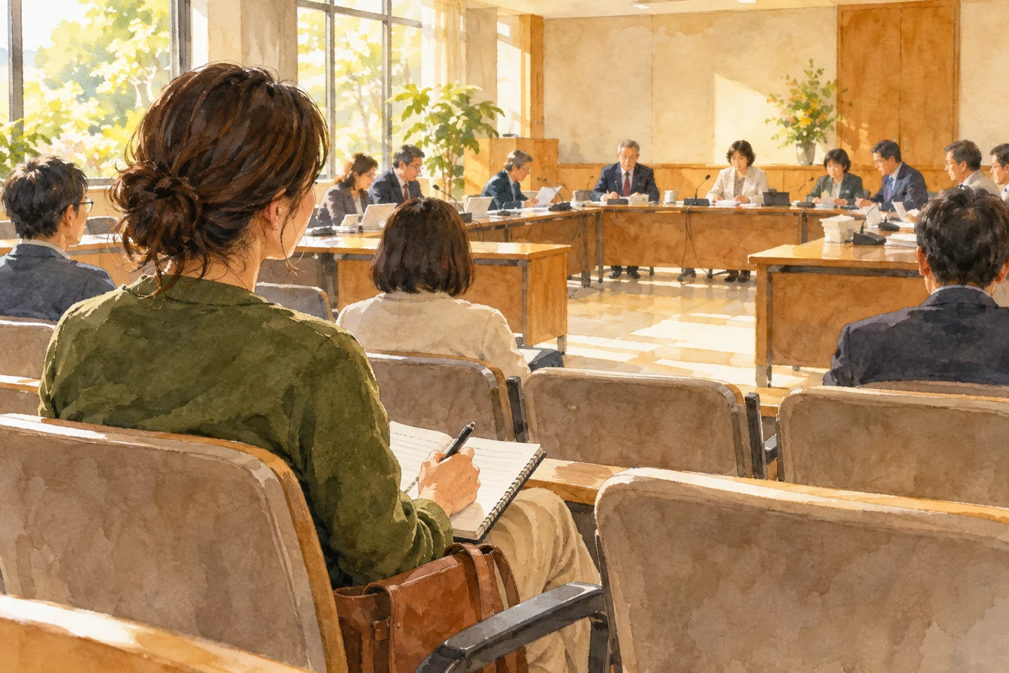 公開会議の傍聴席で静かにノートを開く保護者。記事内容を表したイメージで、実際の現場ではありません。