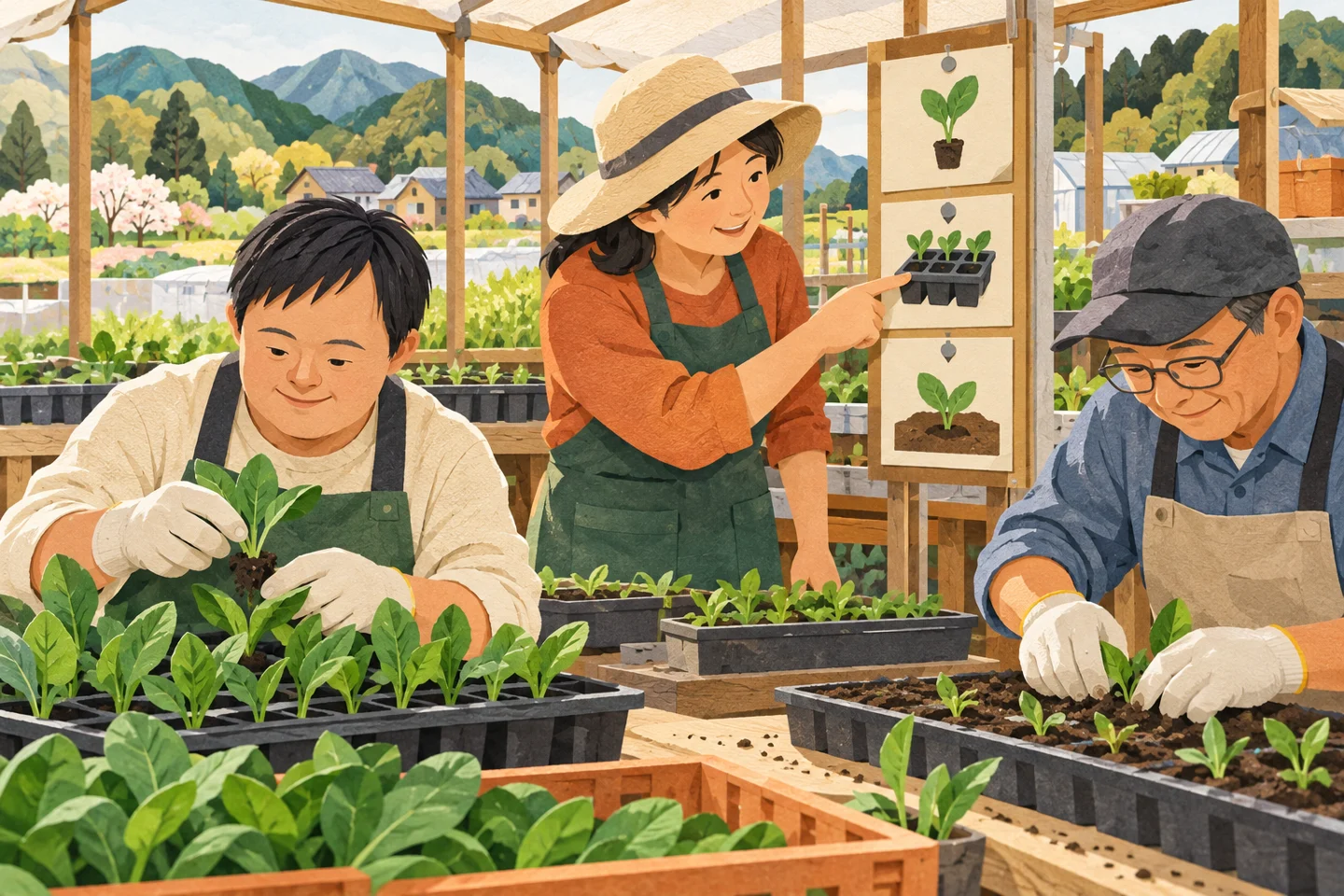 畑で苗を並べる人と作業の手順を相談する支援者。記事内容を表したイメージで、実際の現場ではありません。
