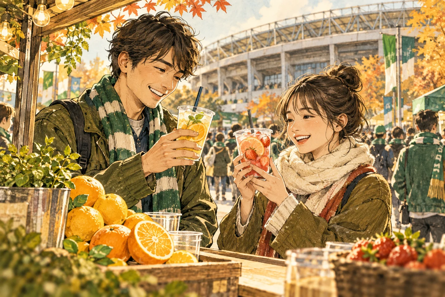 スタジアムの売店で果実入りドリンクを選ぶ観戦者。記事内容を表したイメージで、実際の現場ではありません。