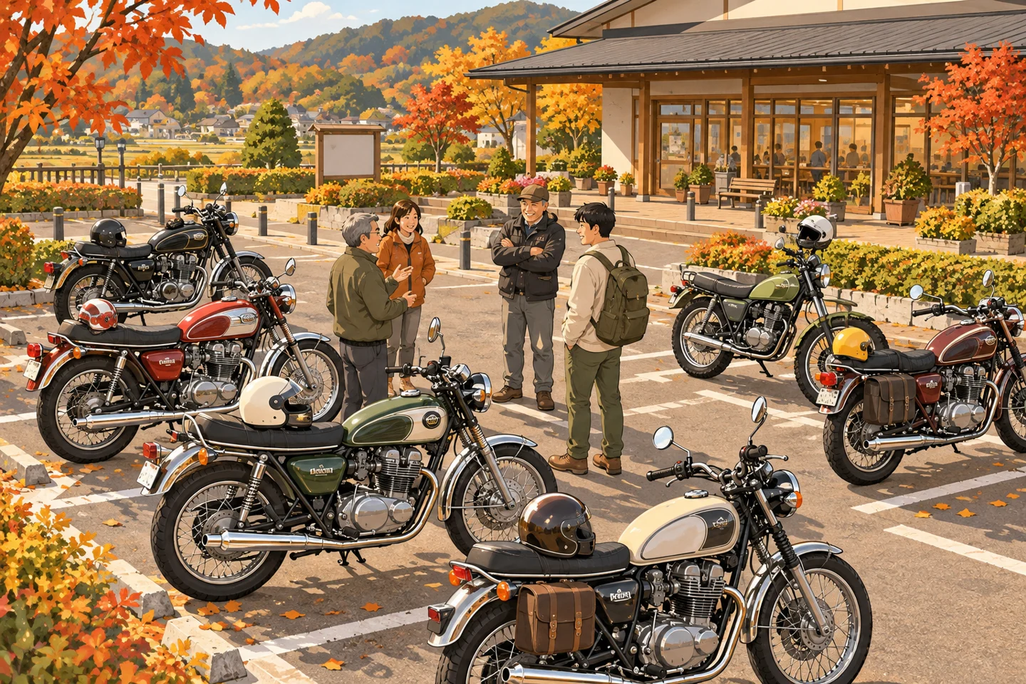 交流施設の広場に並ぶ古いバイクと歩いて見に来た住民。記事内容を表したイメージで、実際の現場ではありません。
