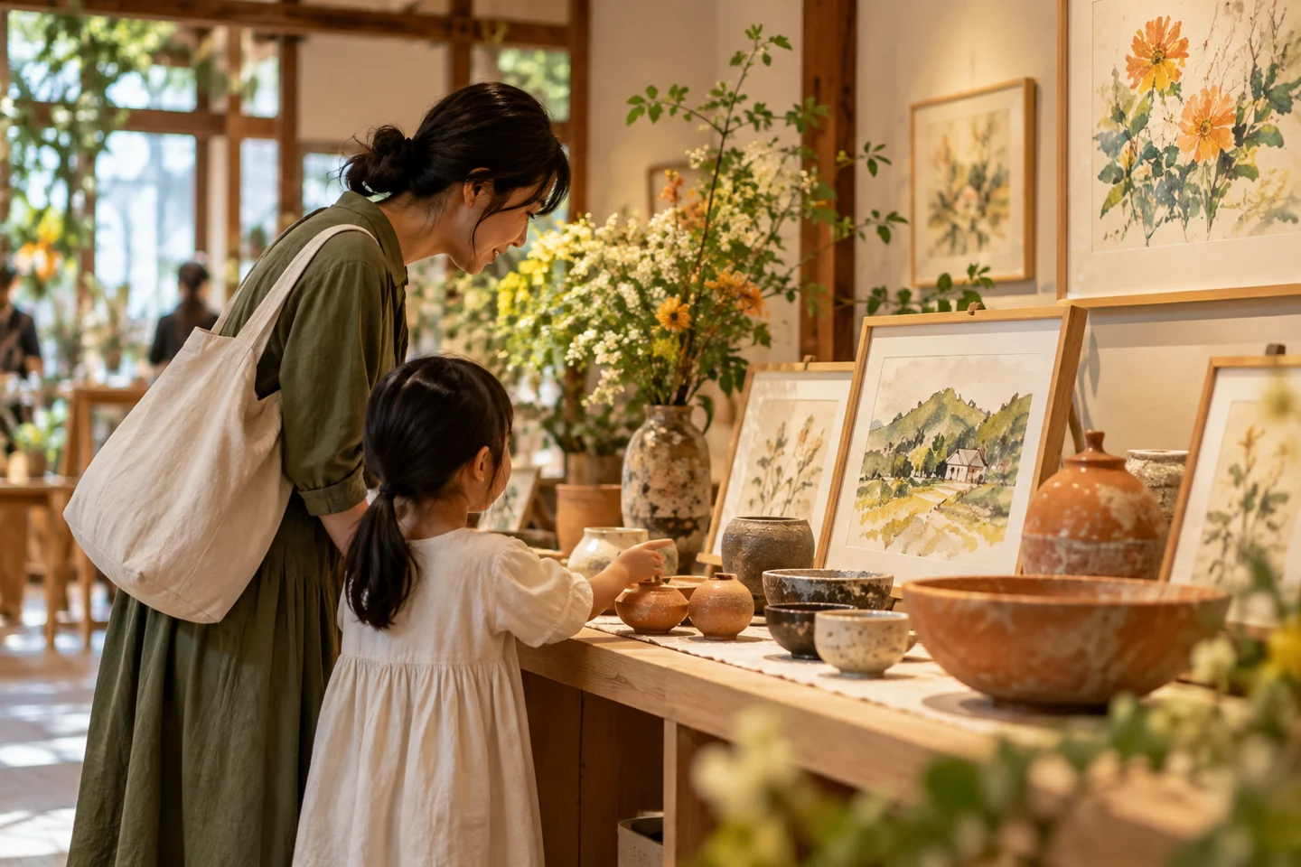 地域の作品展示で陶芸と絵画と生け花を眺める家族。記事内容を表したイメージで、実際の現場ではありません。