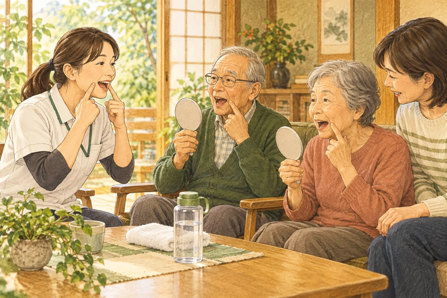 口の健康を学ぶ参加者と説明する専門職、机上の水とタオル。記事内容を表したイメージで、実際の現場ではありません。