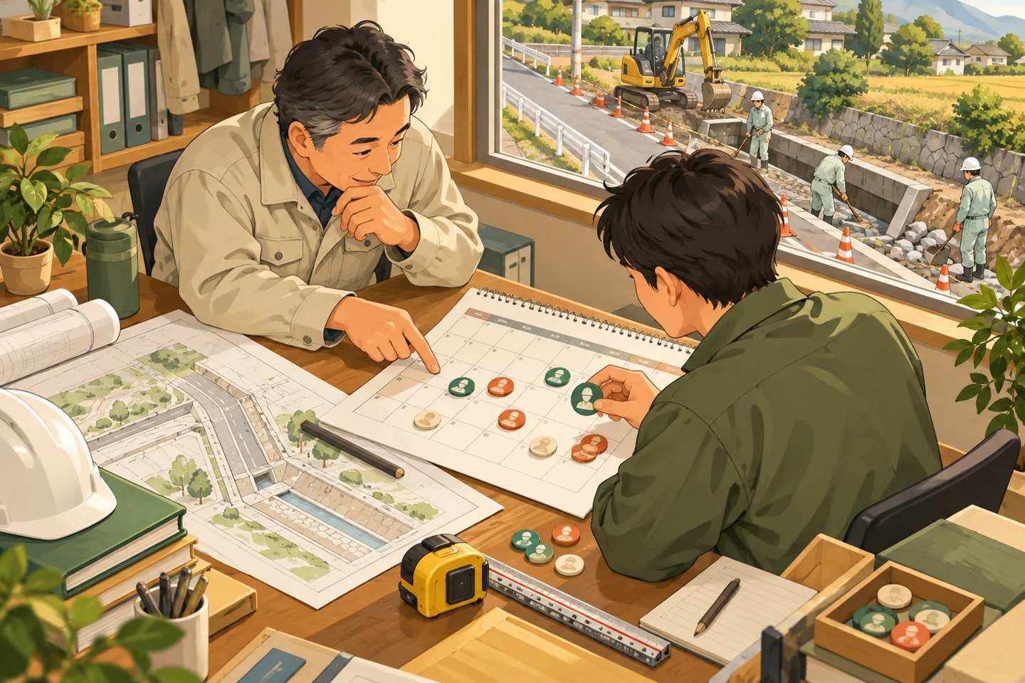 工事の予定表と人員の駒を机に並べ段取りを考える事業者。記事内容を表したイメージで、実際の現場ではありません。