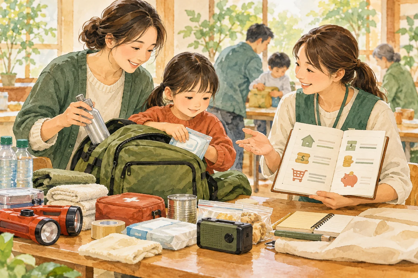 家計のノートと防災袋を広げ、親子が備えを学ぶ机。内容を説明するイメージです。