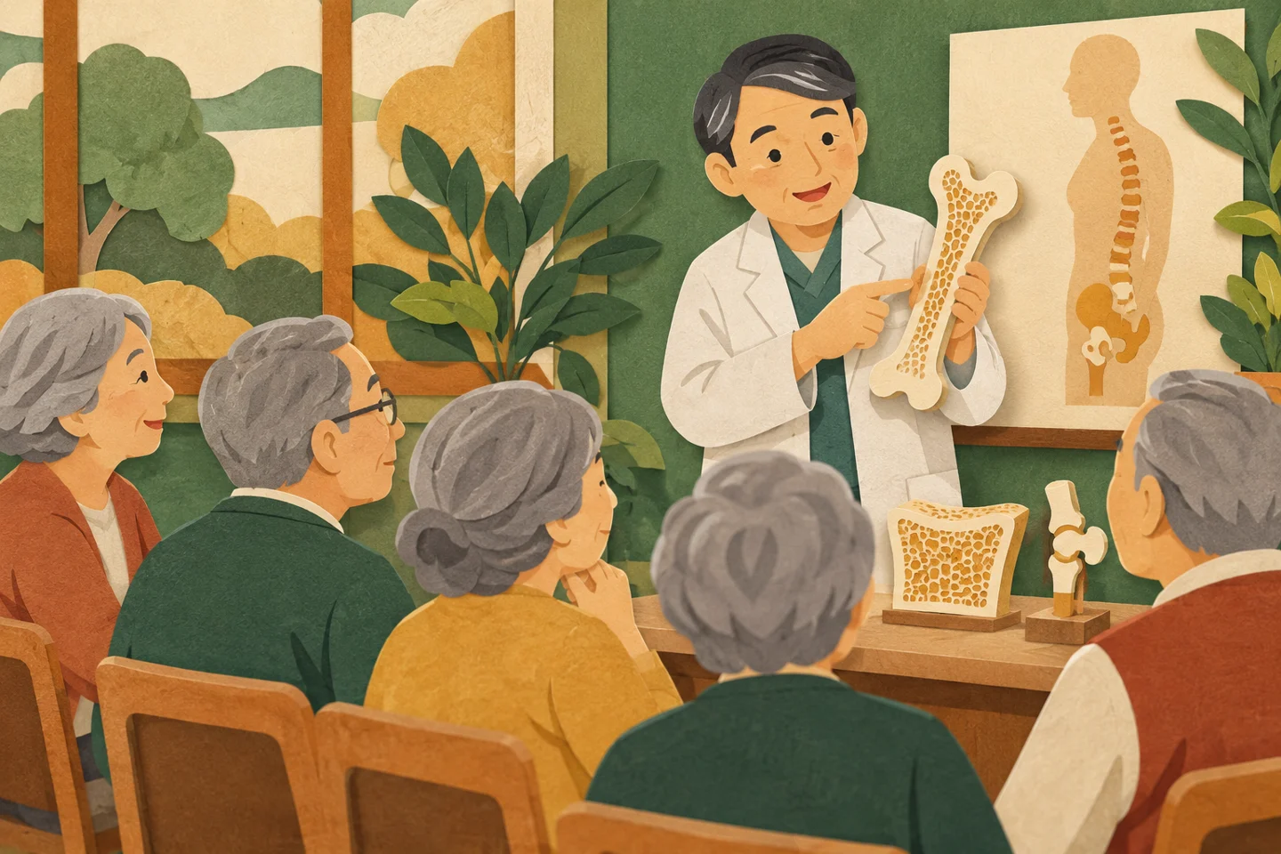 骨の模型を手に説明する講師と椅子に座って学ぶ参加者。内容を説明するイメージです。