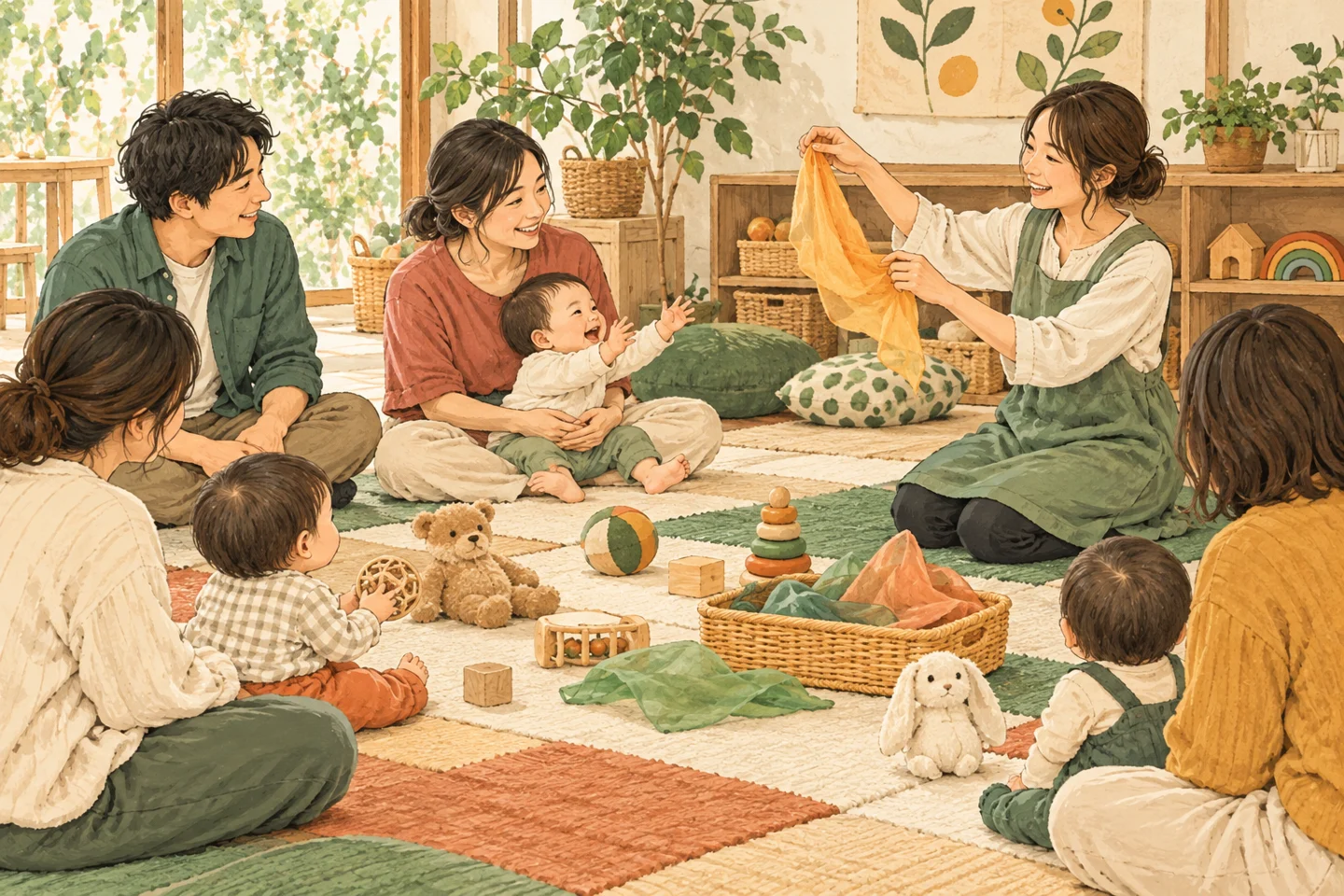 床のマットで赤ちゃんと玩具を囲み、遊び方を学ぶ保護者。内容を説明するイメージです。