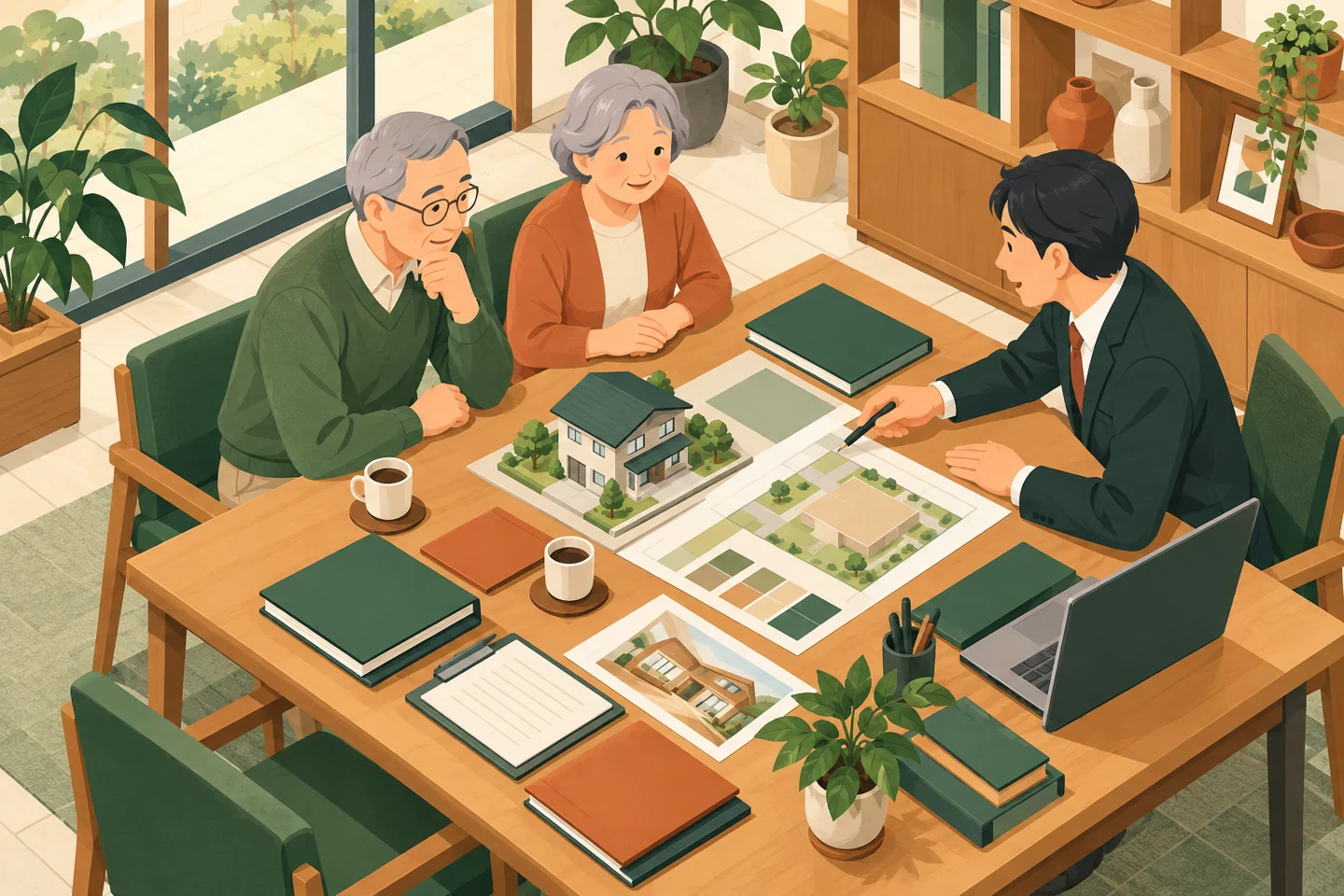 家の模型と土地の資料を机に並べ、専門家と相談する家族。内容を説明するイメージです。