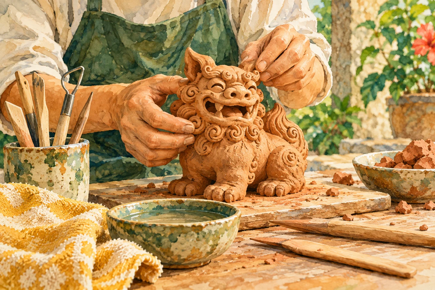 陶芸の机で粘土のシーサーを形作る両手とタオル、道具。内容を説明するイメージです。