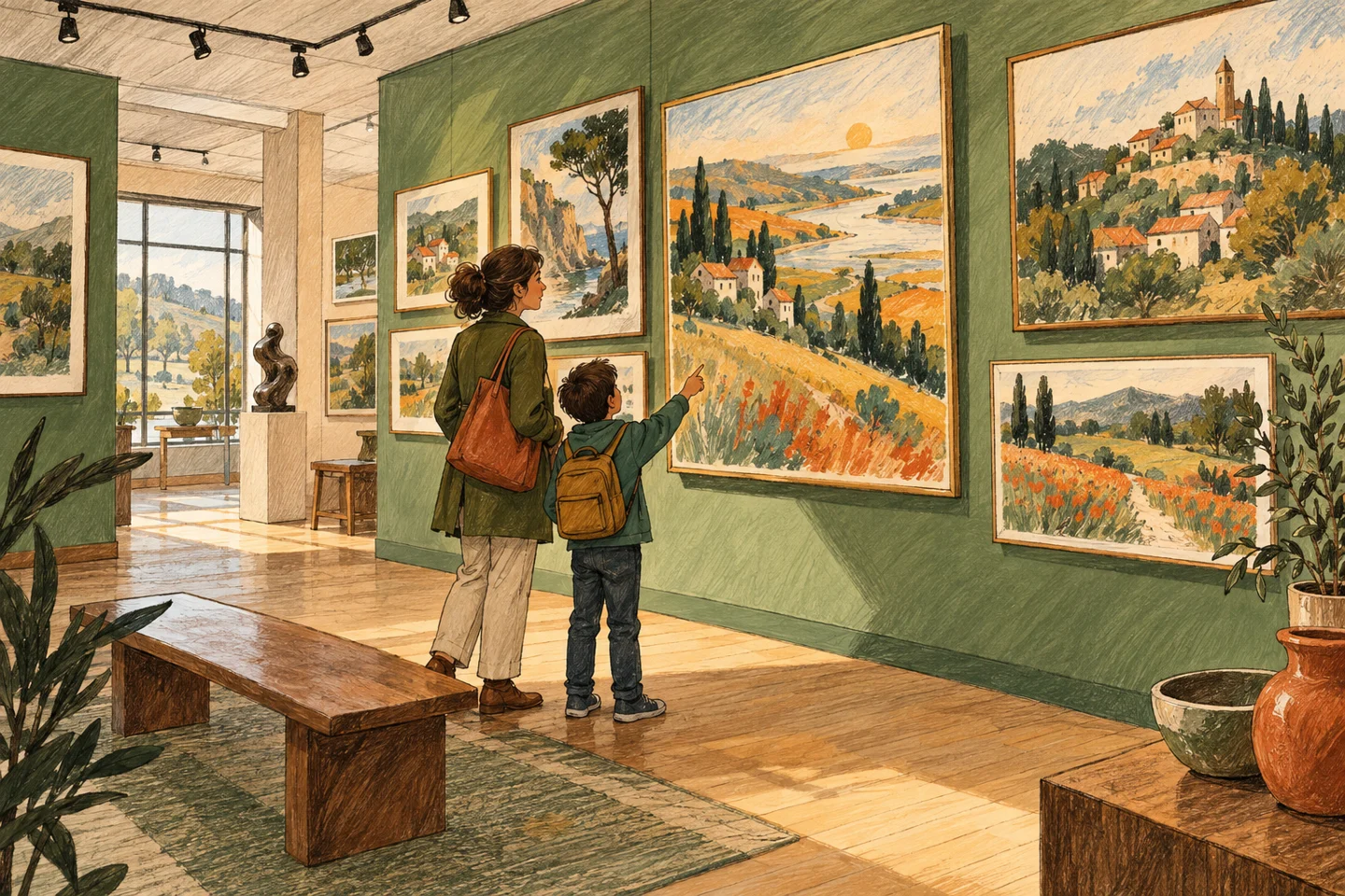 地域の風景を描いた作品の並ぶ壁を親子が見上げる展示室。内容を説明するイメージです。