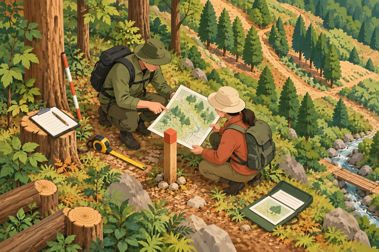山林の境界杭のそばで地図と管理記録を照合する作業者。内容を説明するイメージです。