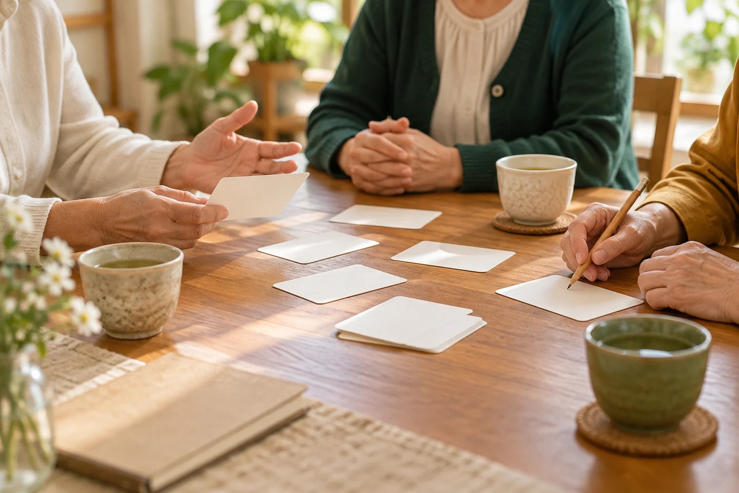 カードを囲んで話す大人の手元、筆記用具とお茶のある机。内容を説明するイメージです。