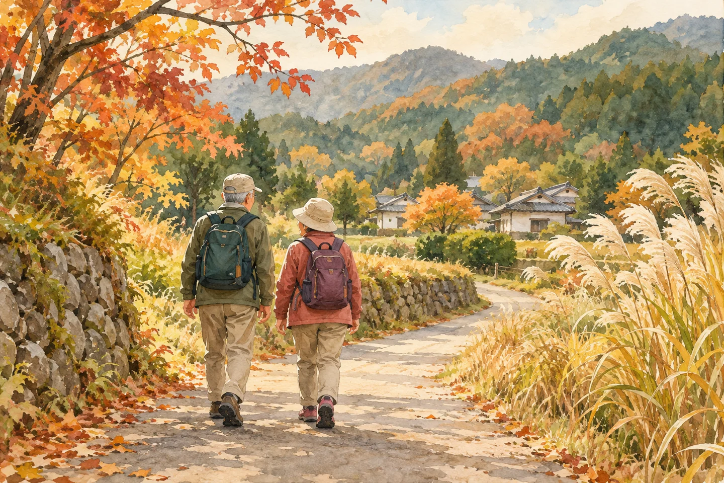 秋の道を小さなリュックと歩きやすい靴で歩く大人たち。内容を説明するイメージです。