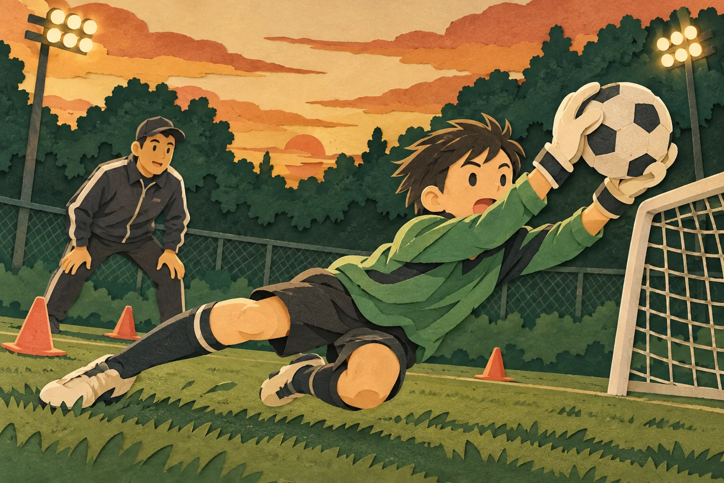 夕方のグラウンドでゴール前のボールを両手で受ける小学生とコーチ。内容を説明するイメージです。
