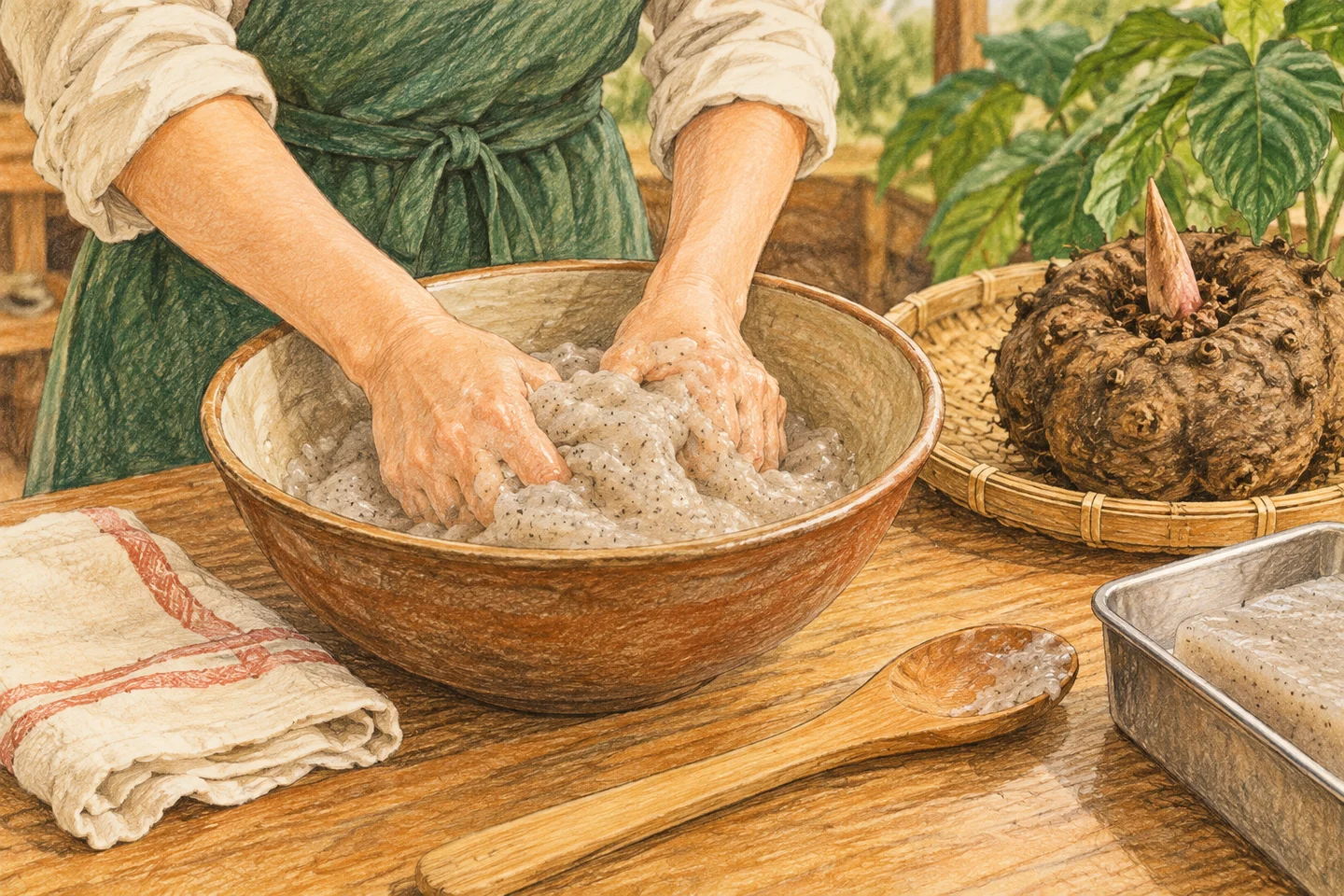 こんにゃく芋とボウルを置き、エプロン姿の手で材料を混ぜる料理の机。内容を説明するイメージです。