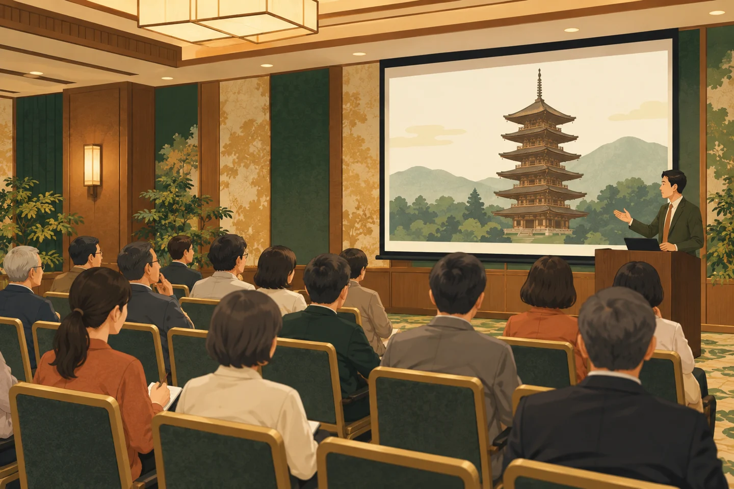 講演者と着席する来場者、七重塔の輪郭を映すスクリーンのある講演会場。内容を説明するイメージです。