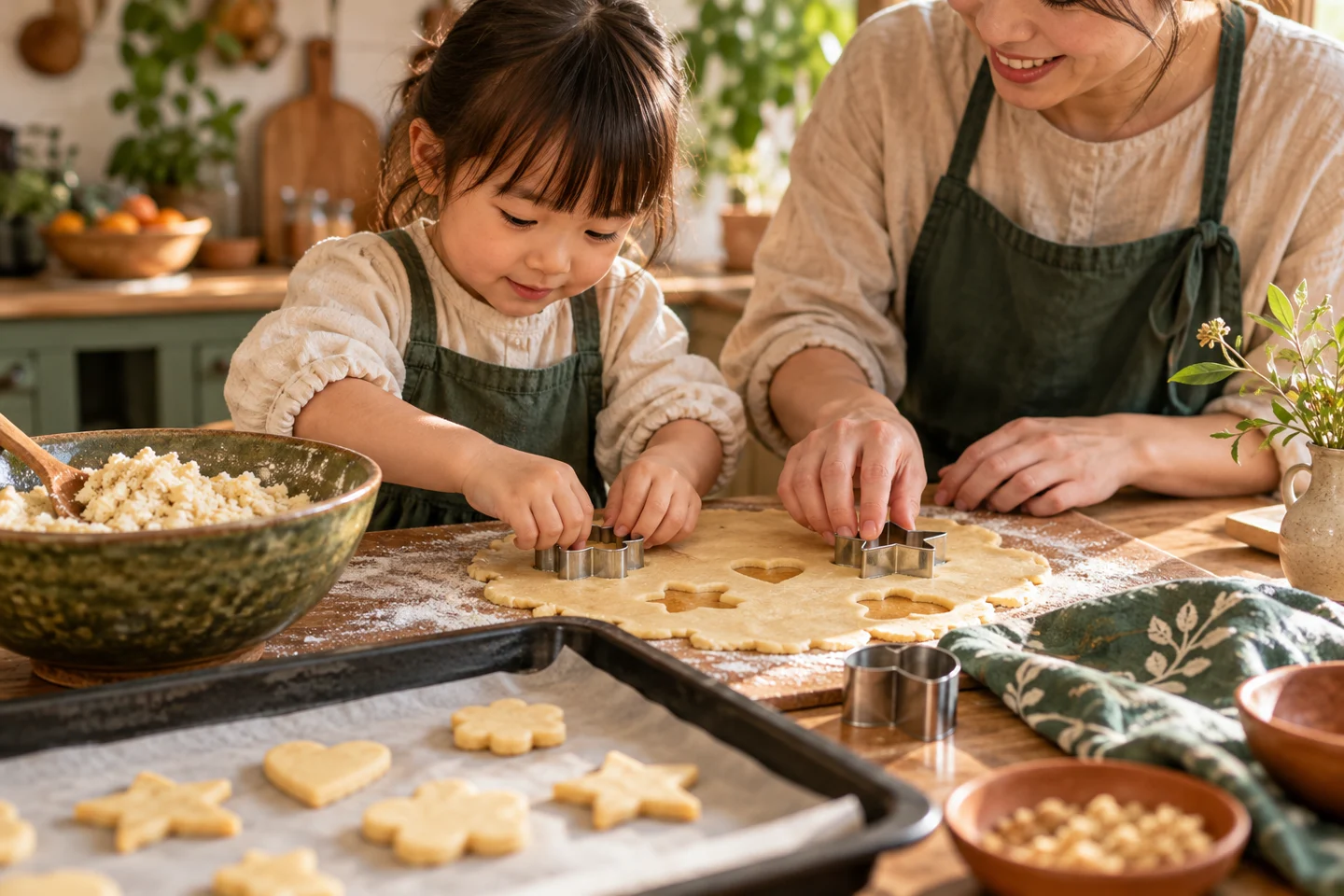 親子の手がおから入りの生地を型抜きし、天板に並べる調理台。内容を説明するイメージです。