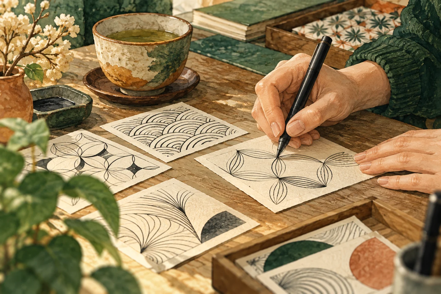 細いペンで四角い紙に繰り返し模様を描く手元と静かな机。内容を説明するイメージです。