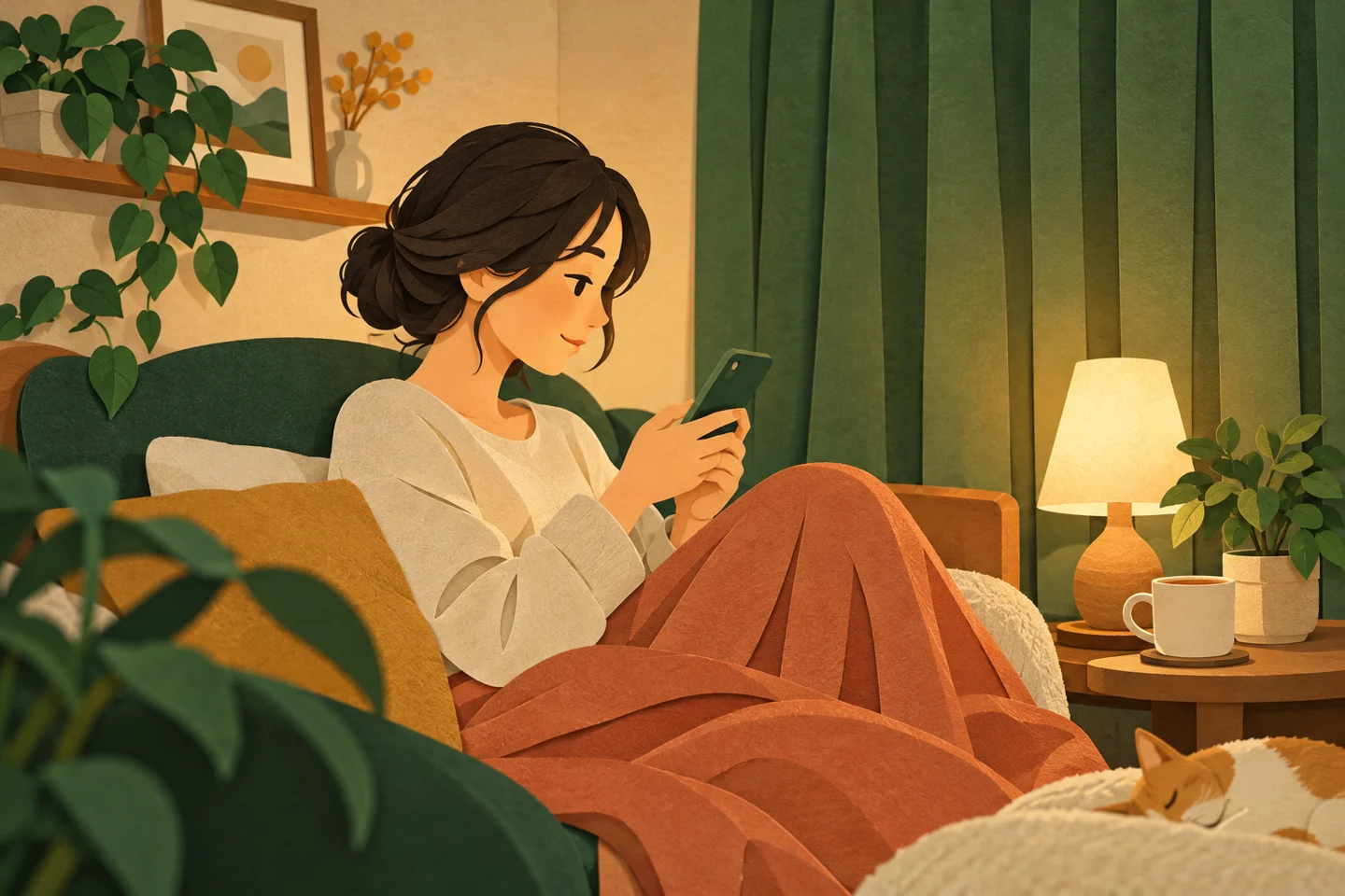 静かな室内で電話を手にする女性、灯りと閉じたカーテン。内容を説明するイメージです。