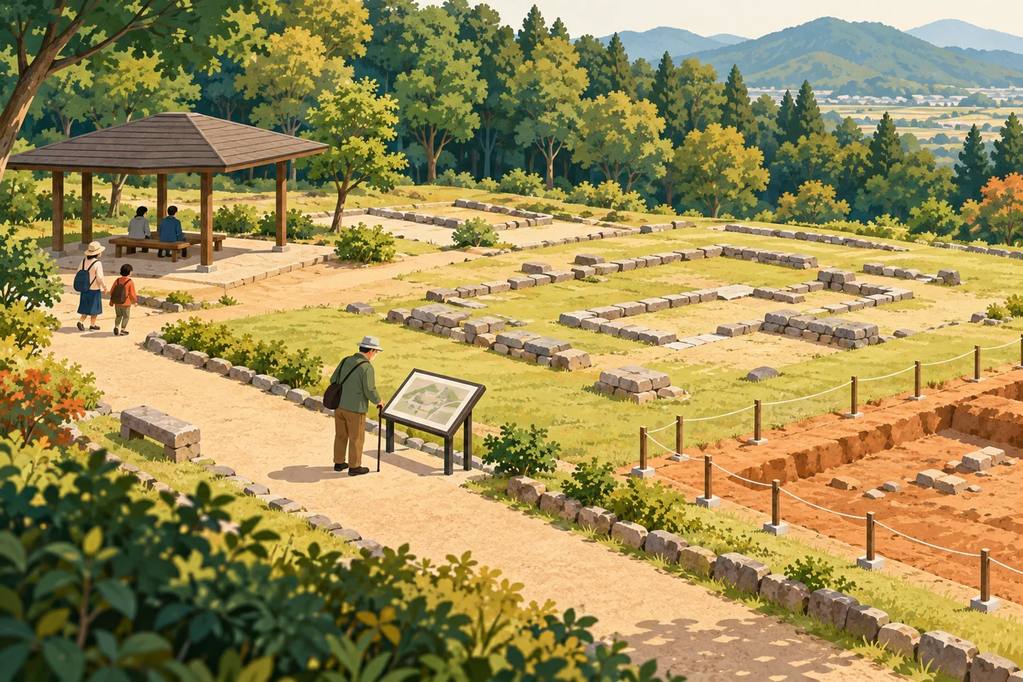 史跡の基壇と園路、休憩する人、工事範囲を分けた公園の概念図。内容を説明するイメージです。