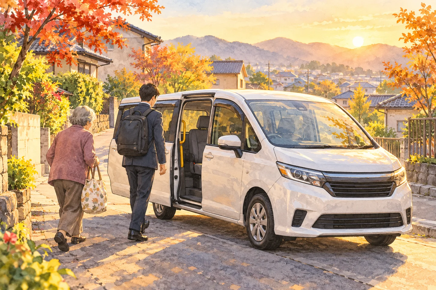 秋の住宅街で小型の乗合車を待つ通勤者と買い物客。内容を説明するイメージです。
