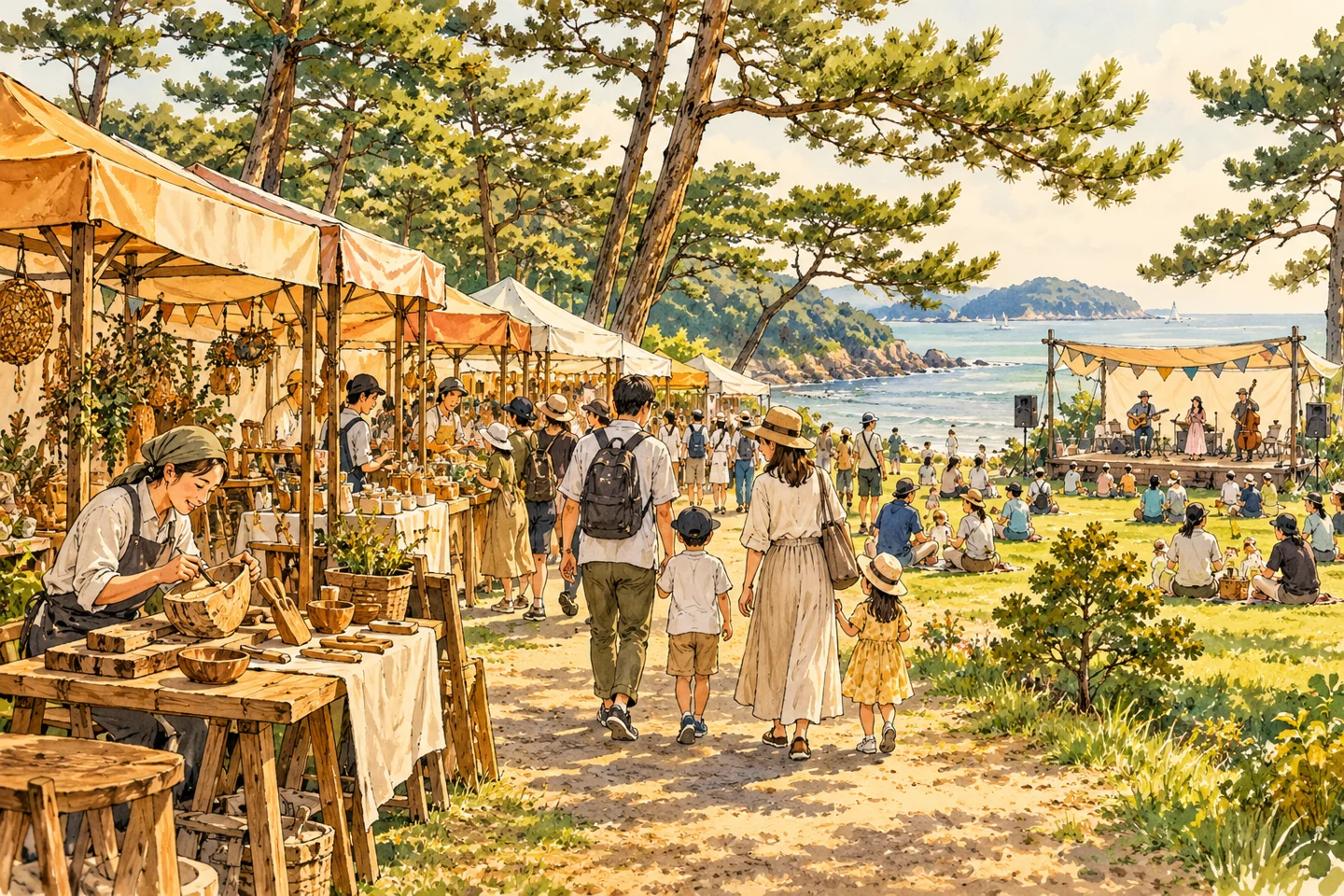 海辺の公園で地元の食べ物を選ぶ家族と手仕事を見せる出店者。内容を説明するイメージです。