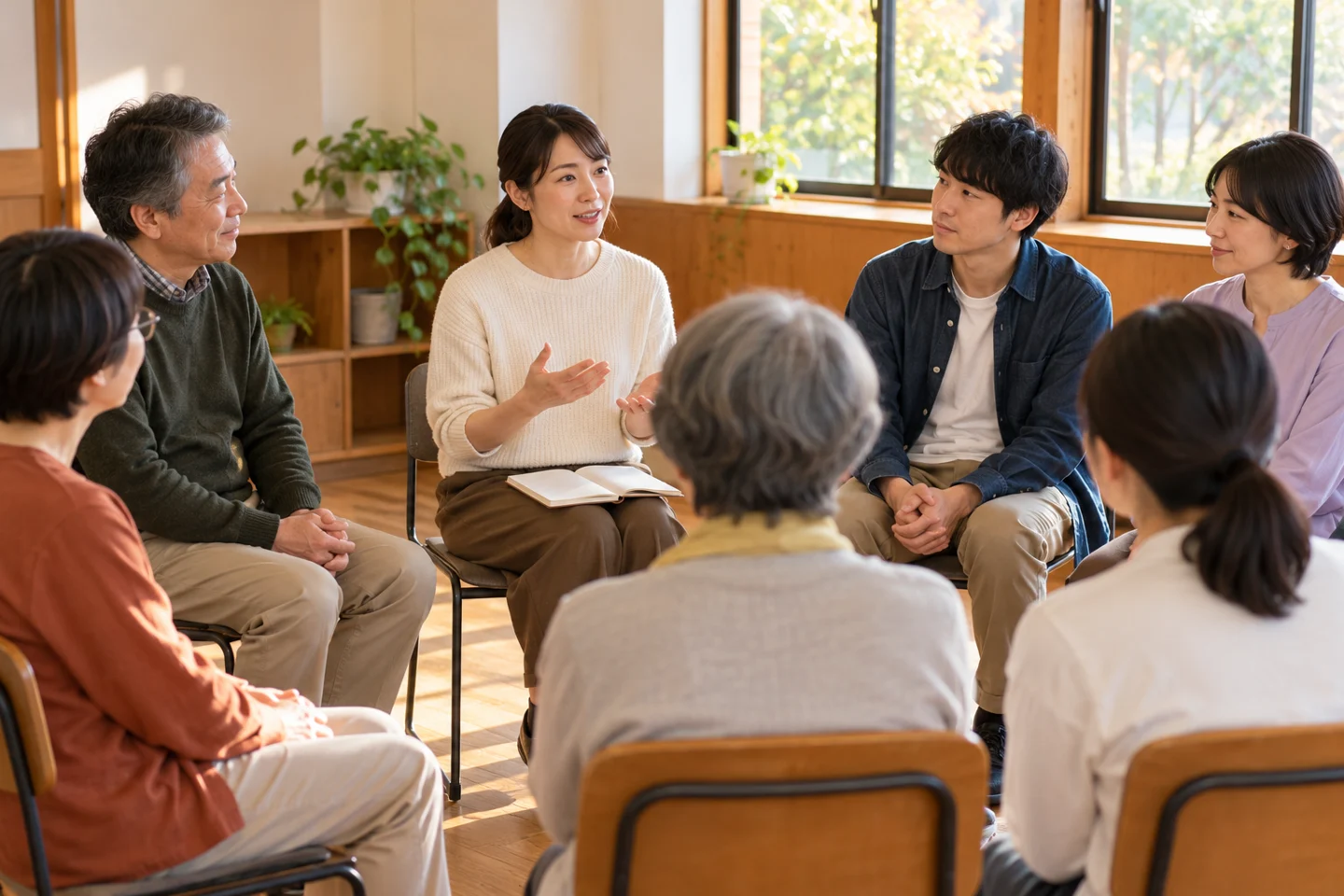 小さな会議室でノートを広げ、地域の子育て活動について話を聞く大人たち。内容を説明するイメージです。