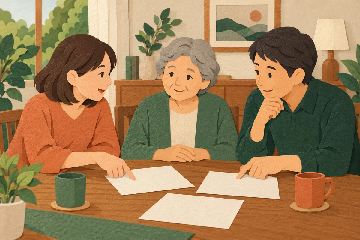 家族がテーブルで希望を書いた無地のメモを話し合う。記事の内容を説明するためのイメージで、実在の人物や会場の記録ではありません。