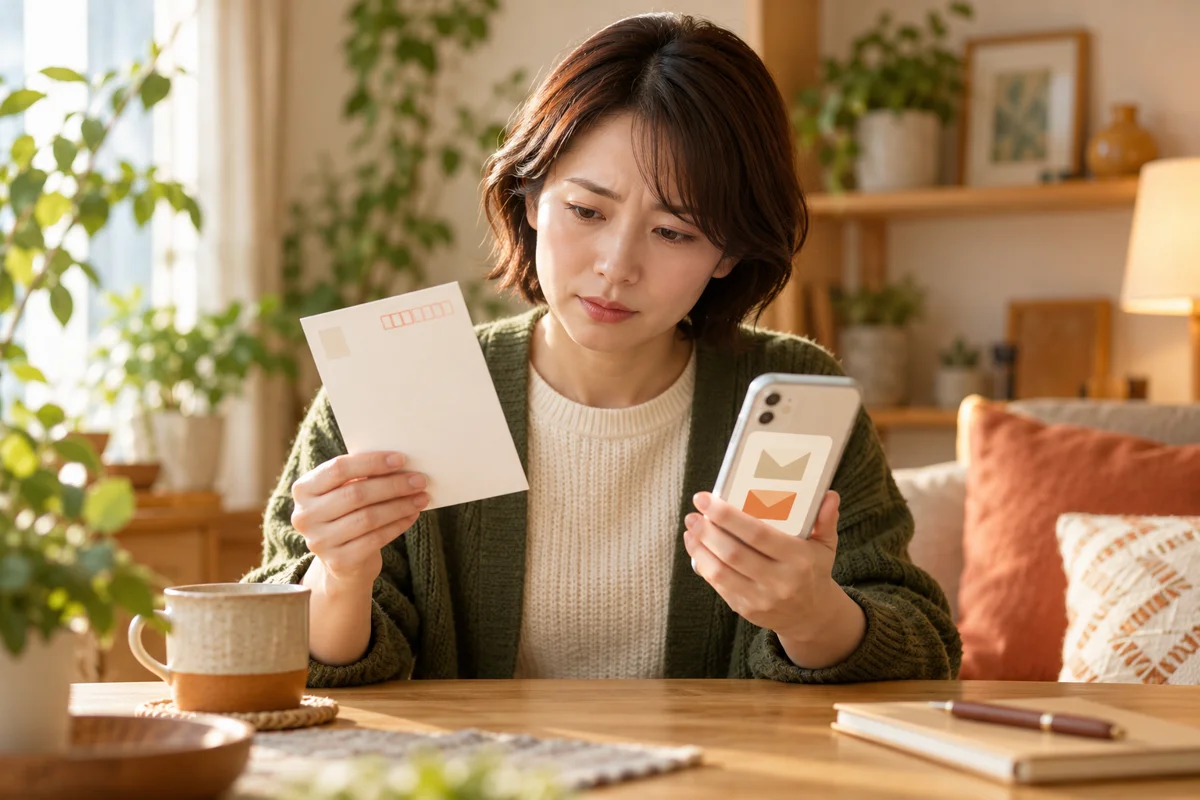 通知はがきとスマートフォンを見比べる手元、個人情報なし。記事の内容を説明するためのイメージで、実在の人物や会場の記録ではありません。