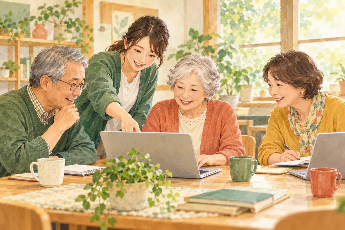 少人数でノートパソコンの操作を学ぶ架空の教室。記事の内容を説明するためのイメージで、実在の人物や会場の記録ではありません。