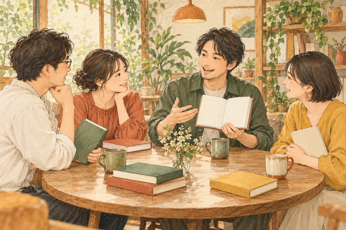 本を手に円卓で紹介し合う大人たち。記事の内容を説明するためのイメージで、実在の人物や会場の記録ではありません。