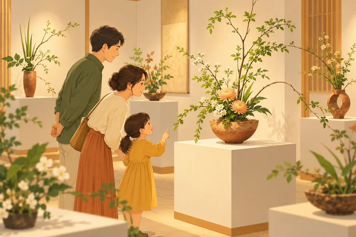 架空の生け花を鑑賞する家族、出品作の再現なし。記事の内容を説明するためのイメージで、実在の人物や会場の記録ではありません。
