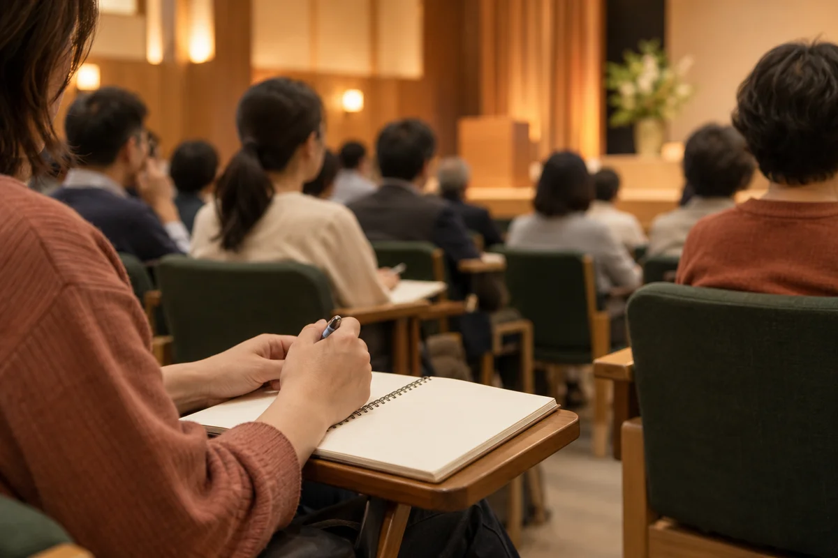 講演会の客席でノートを開き、ペンを持つ参加者と前を向く大人たち。実在の会場や人物の記録ではありません。