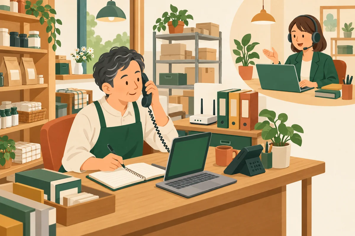 電話で相談する店主の机に、ノート、パソコン、通信機器を並べた架空の情景。担当者への相談をイメージした図です。
