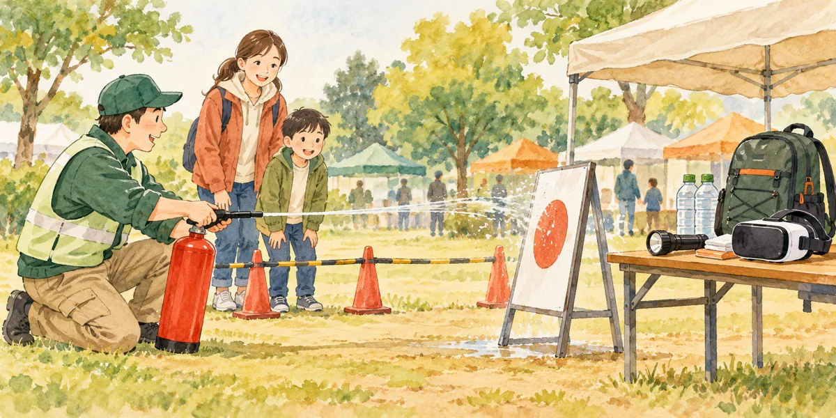 水消火器の実演を見る親子と、防災用品を並べた机を描いた架空の場面。VR機器は机上にあり、子どもの利用可能年齢を示す絵ではありません。