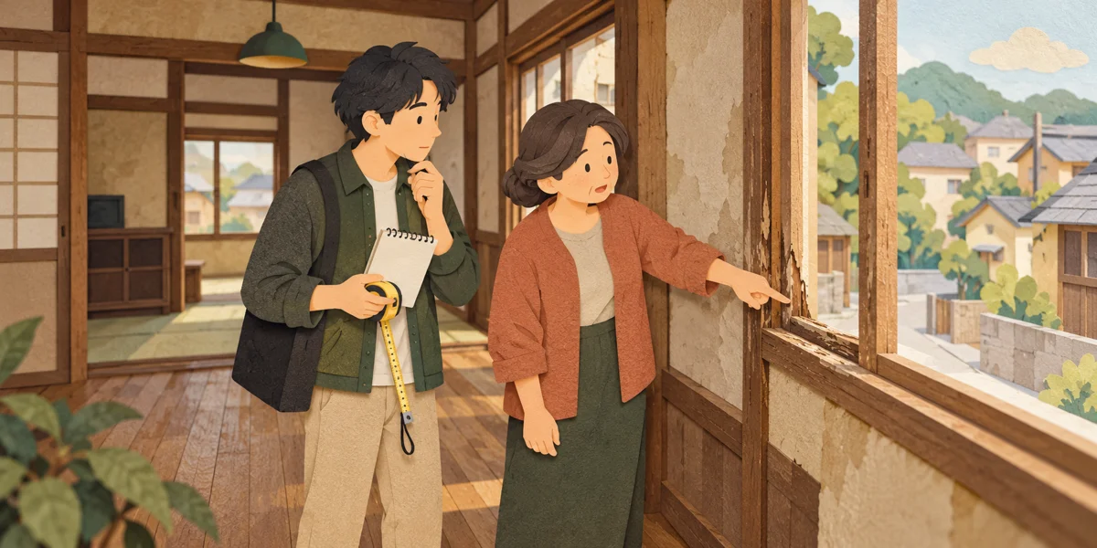 窓枠の状態を指す持ち主と、メモ帳と巻尺を持つ利用希望者が、木造家屋の中で確認する架空の場面