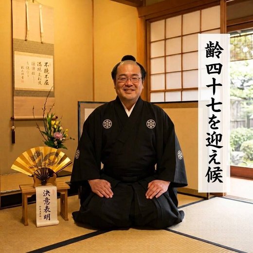 齢四十七を迎え候。紋付袴で正座する大石浩之