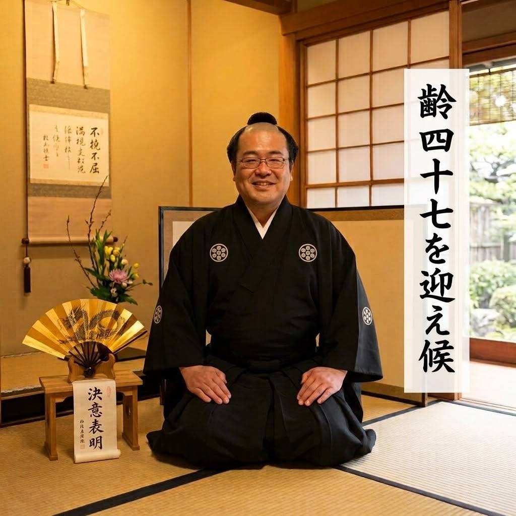 齢四十七を迎え候。紋付袴で正座する大石浩之